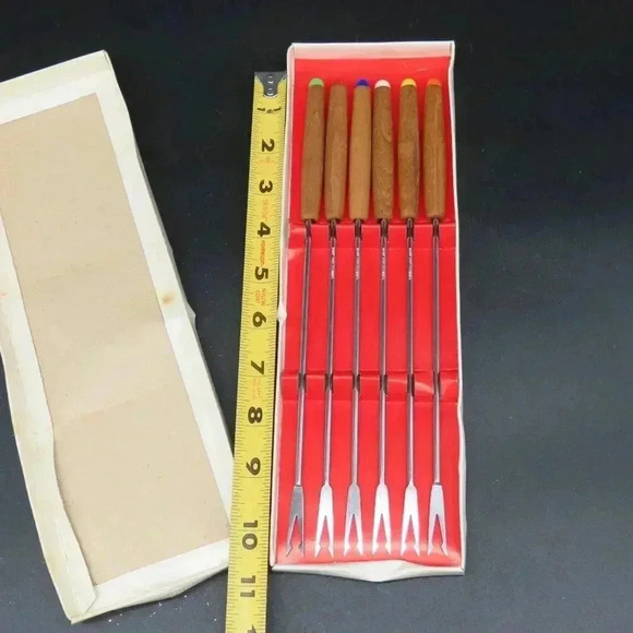 Vtg 6 Fondue BBQ Kabob Skewers Forks 10" Color Coded Stainless W/Wood Handles - Picture 2 of 3
